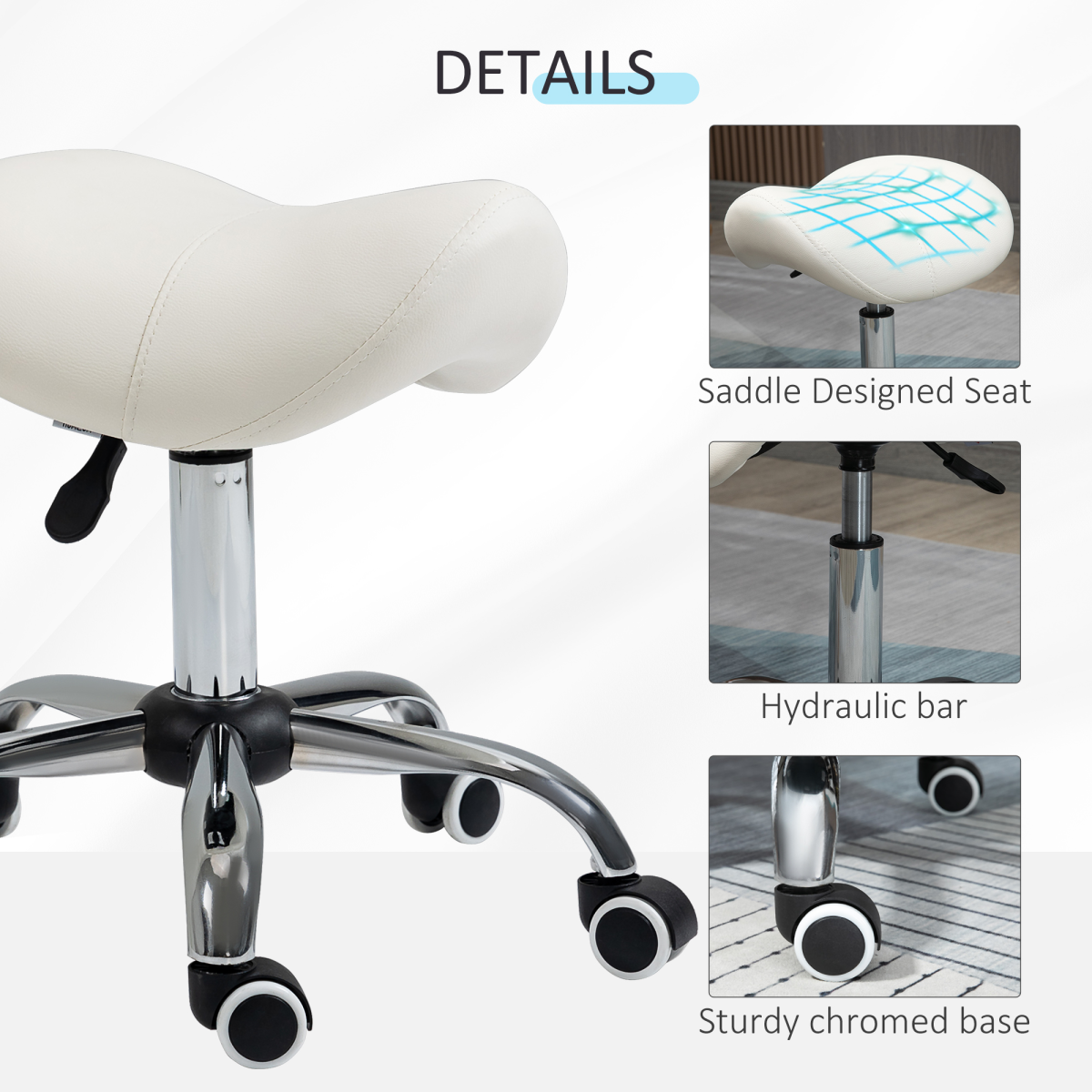 Saddle Stool Hydraulic Rolling Faux Leather Height Adjust Mobility Chair Cream