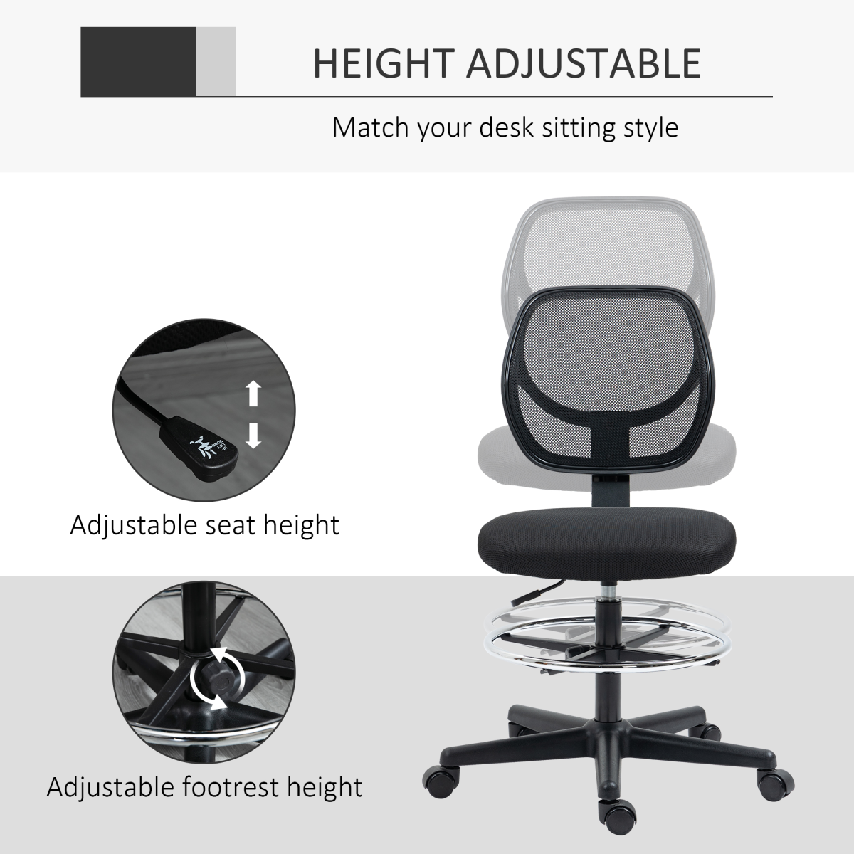 Vinsetto Draughtsman Chair Tall Office Chair w/ Adjustable Footrest Ring Black