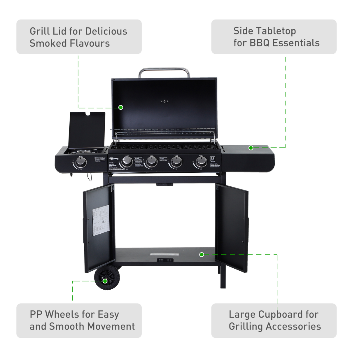 4 Gas BBQ Grill with Wheels, Steel-Black