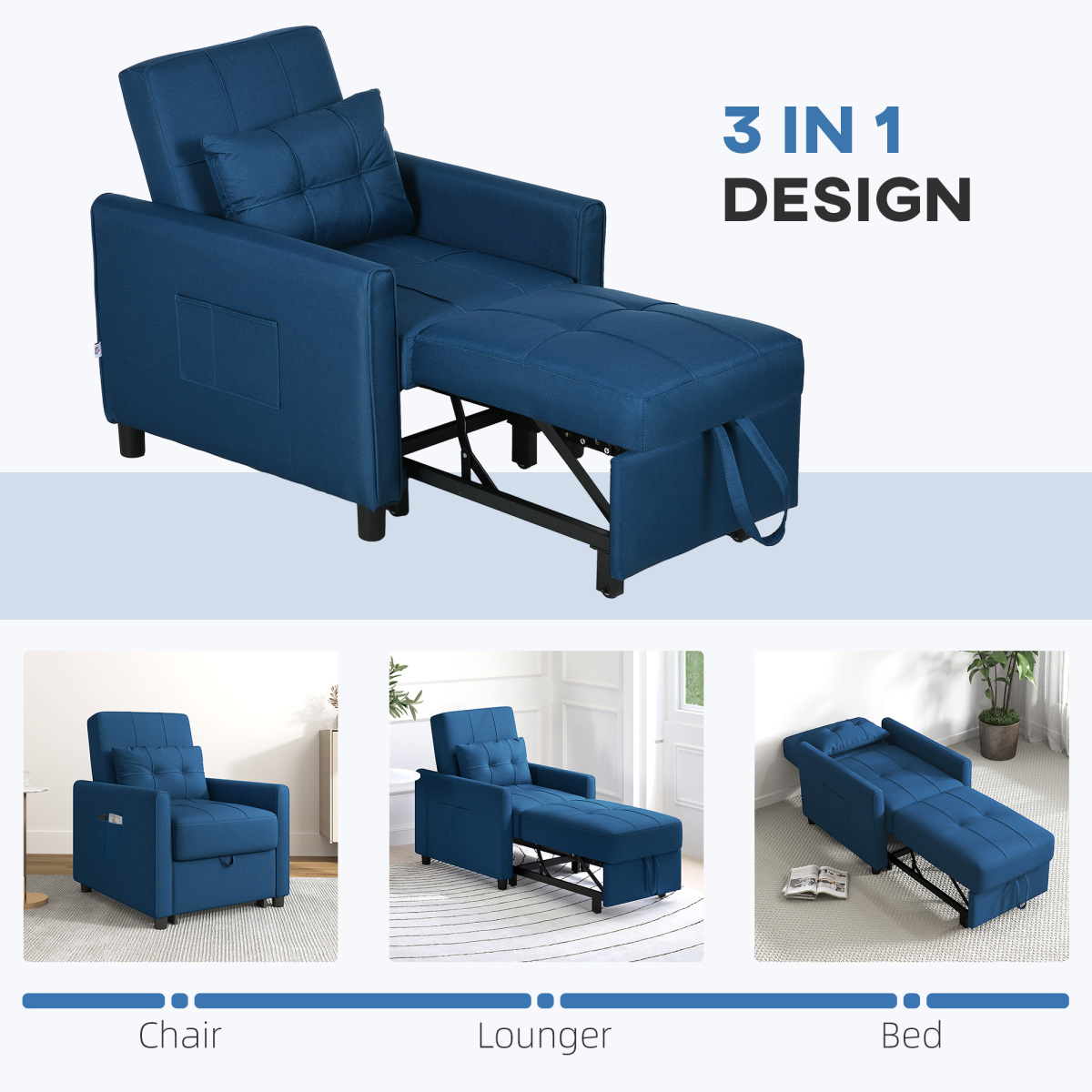 HOMCOM Pull Out Chair Bed, Sleeper Chair with Pillow, Side Pockets, Blue