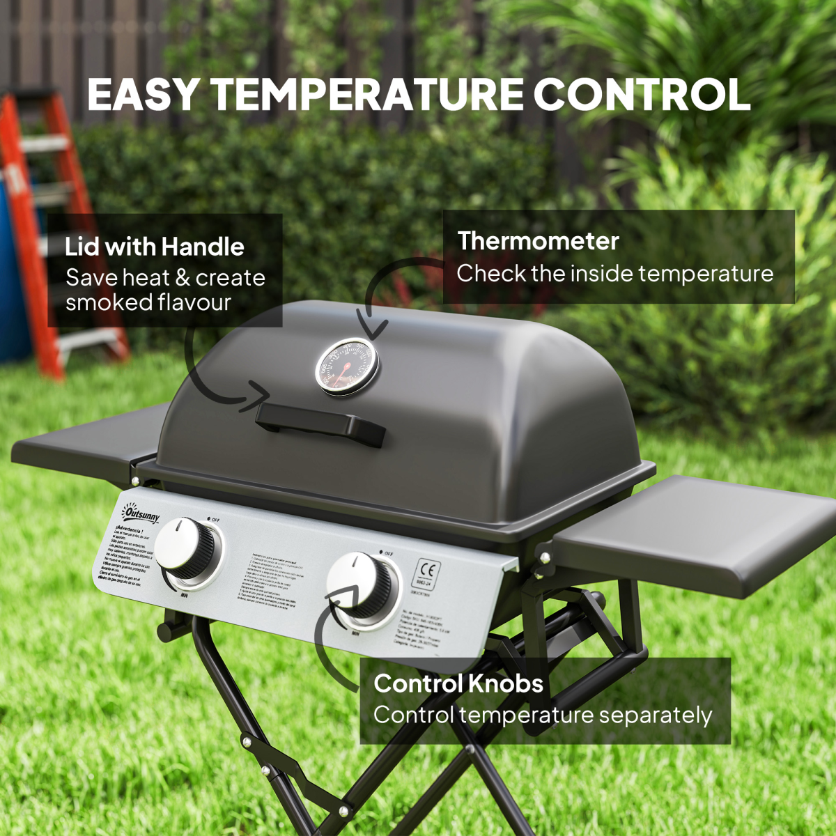 Outsunny Portable Foldable Gas Barbecue Grill with Thermometer, Lid, Black