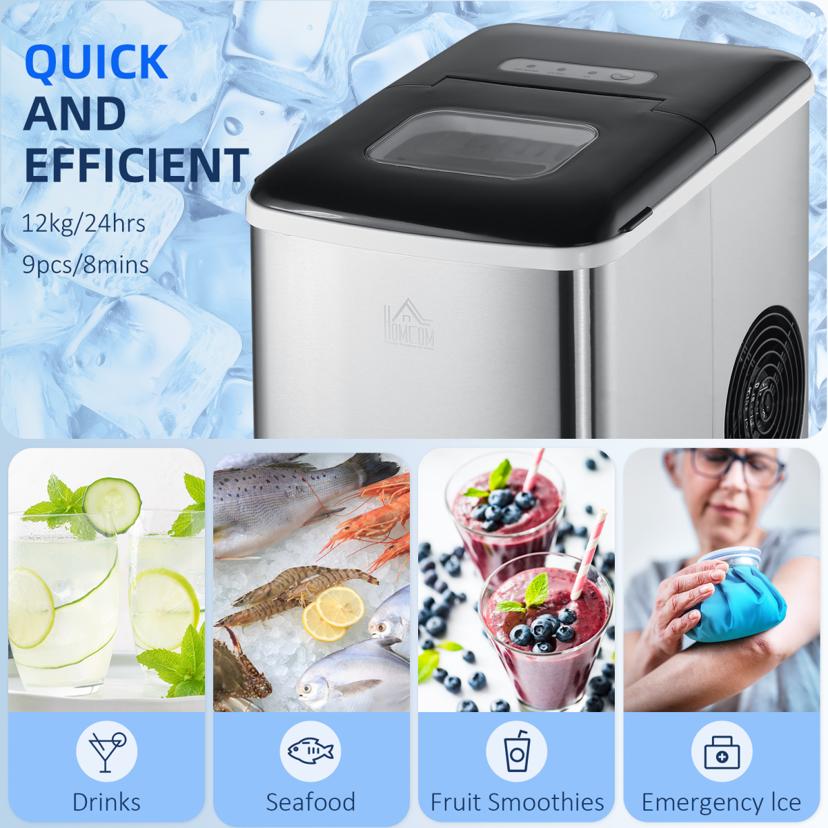 HOMCOM Ice Maker Machine Portable Counter Top Ice Cube Maker for Home Black