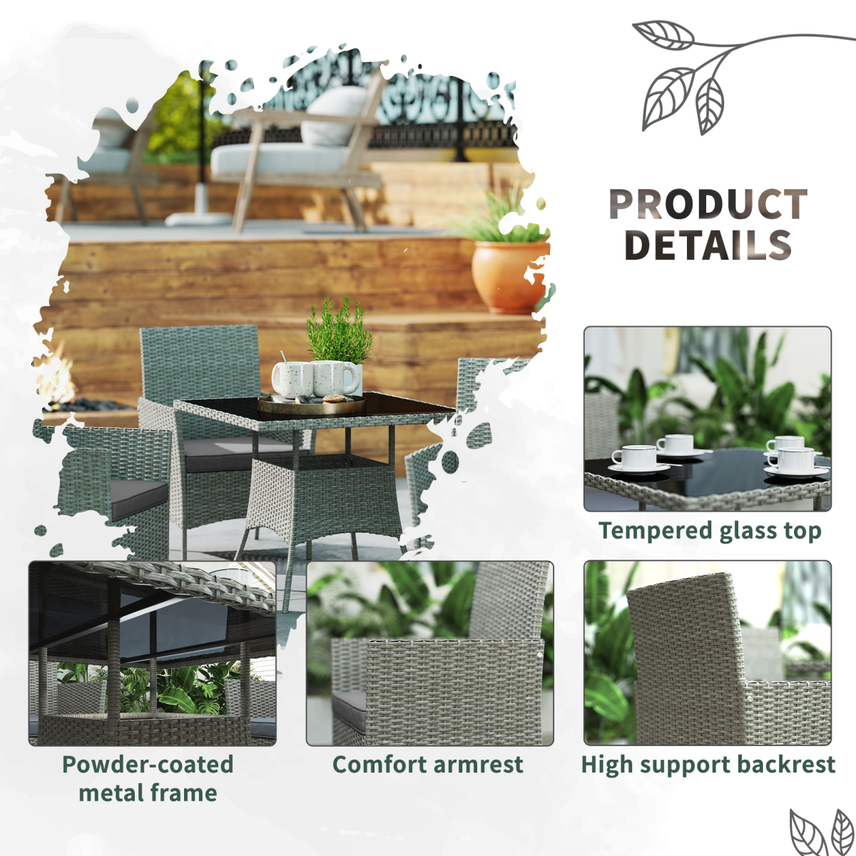 Outsunny Rattan Outdoor Dining Table and Chairs for 4, Light Grey