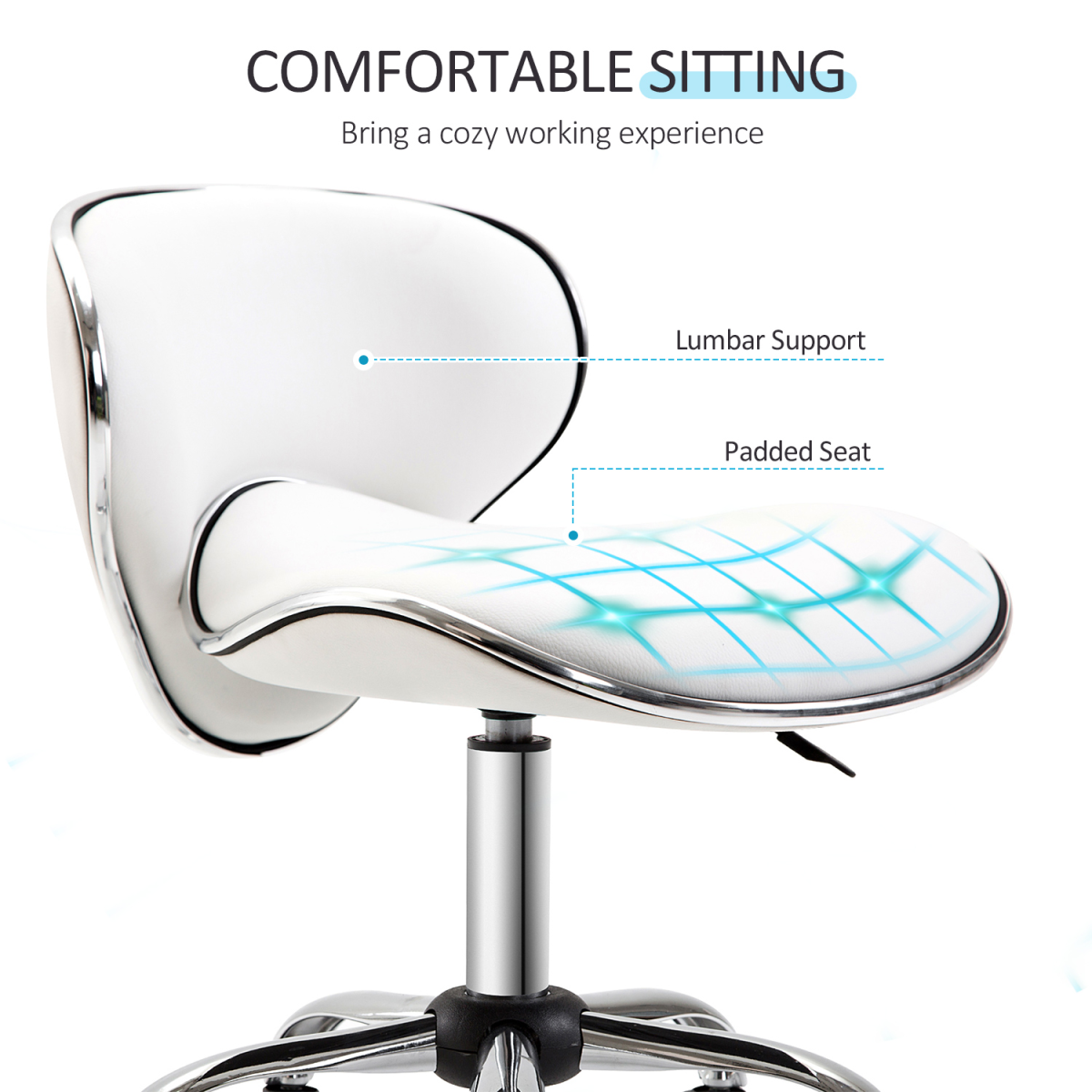 Office Chair Beauty Salon Rolling Technician Stool Chair Low Back White HOMCOM