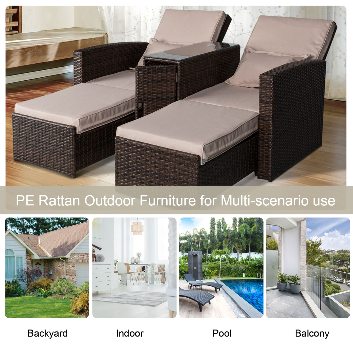 Garden Double Rattan Sun Lounger Sofa Recliner Wicker Patio Brown