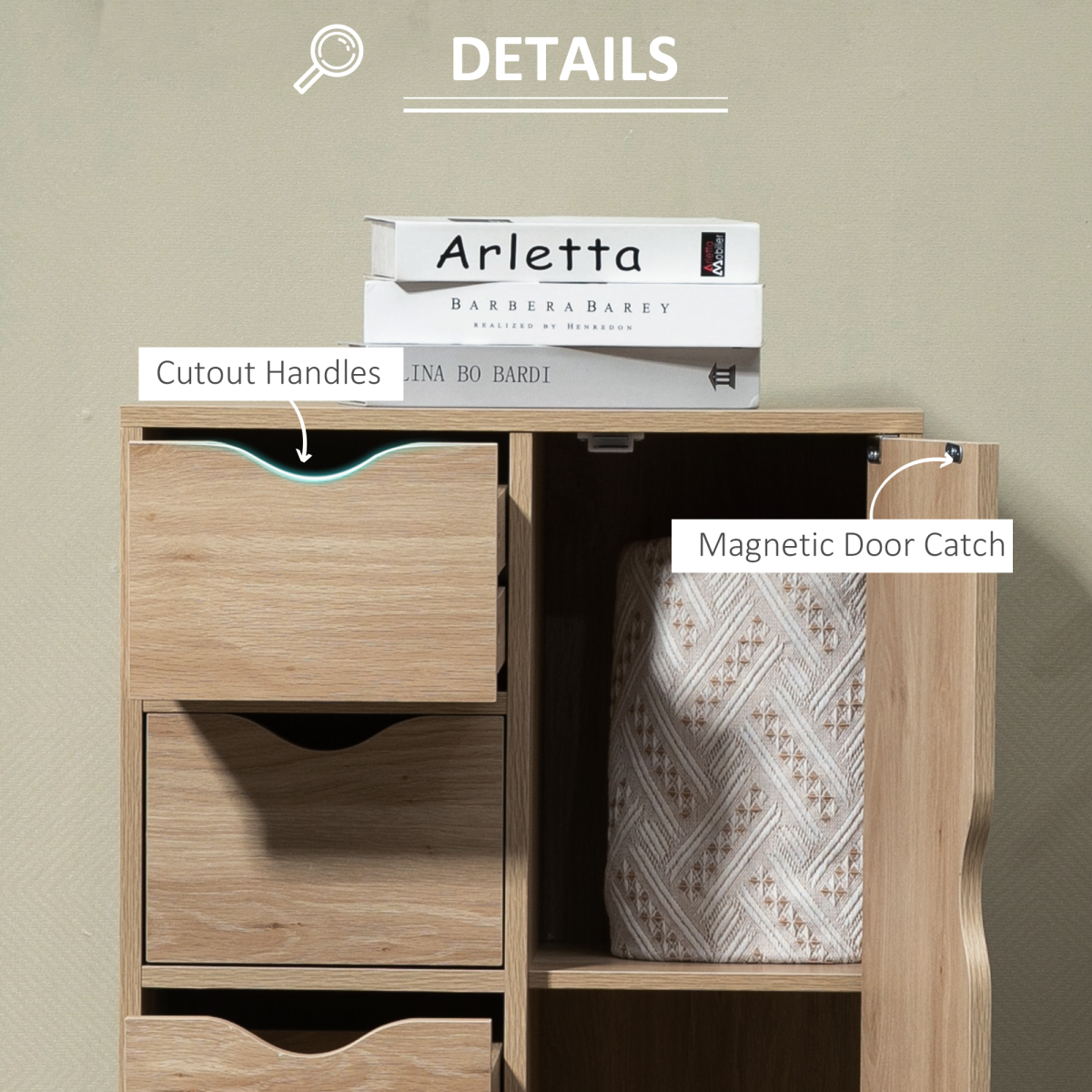 HOMCOM Freestanding Bathroom Cabinet with 4 Drawers and Door Cupboard Natural