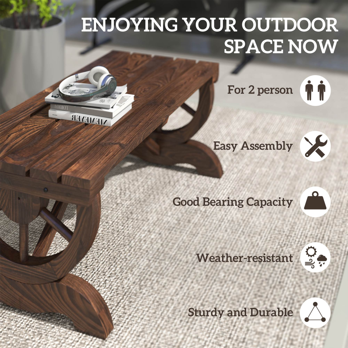 Rustic Wooden Wheel Bench 2-Person Seat - Brown Chair Loveseat Park