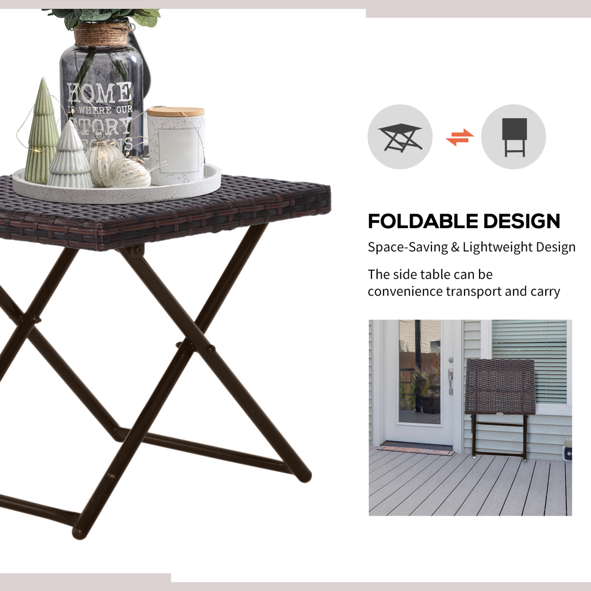 Folding Square Rattan Coffee Table Bistro Balcony Garden Steel Outdoor