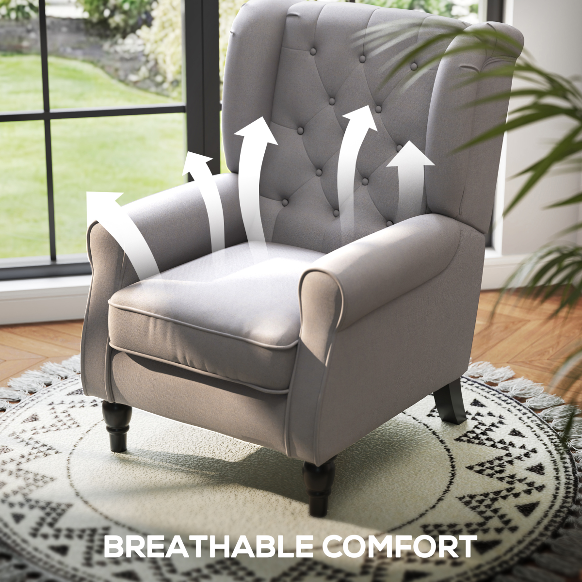 Retro Accent Chair Wingback Armchair with Wood Frame for Living Room Grey