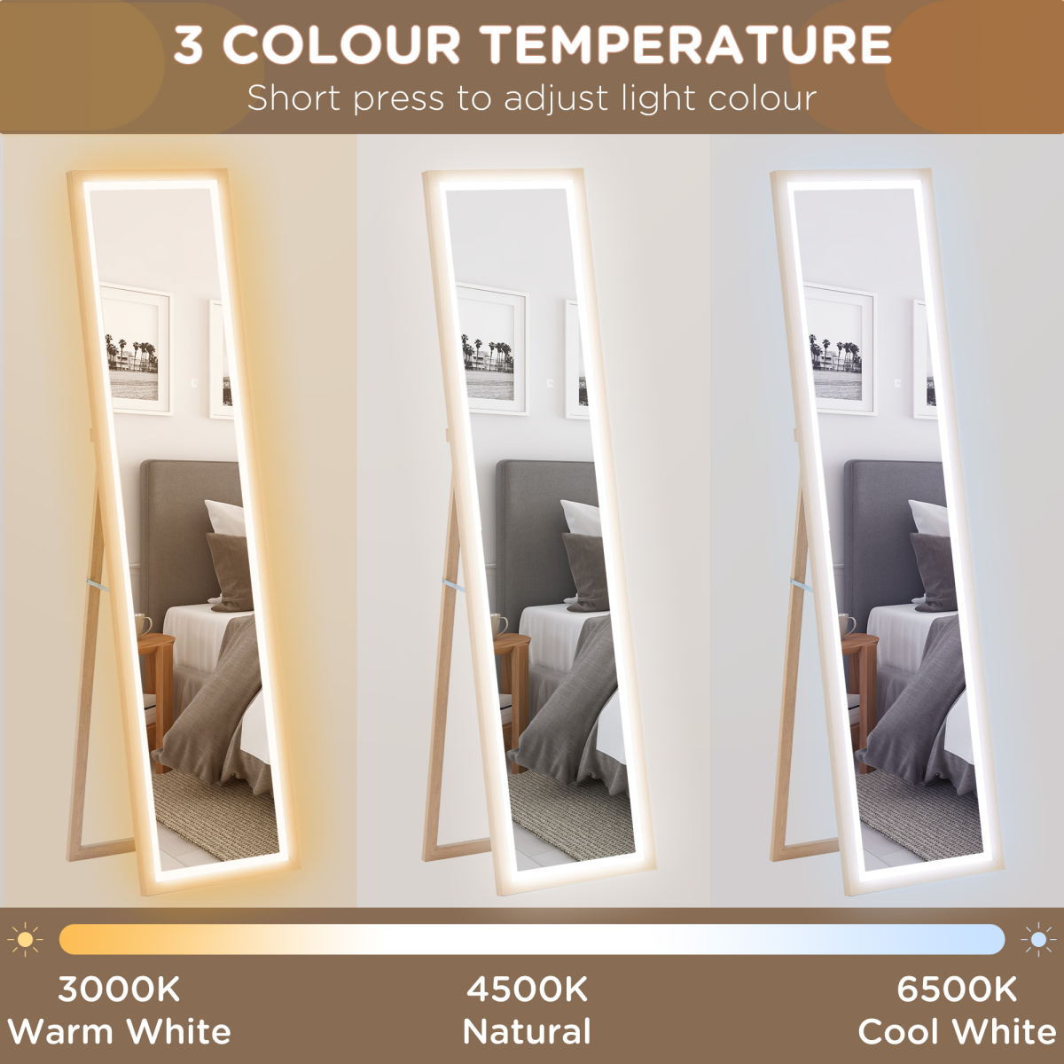 HOMCOM Dimming Full Length Mirror w/ Lights Standing Leaning Wall Mount Oak