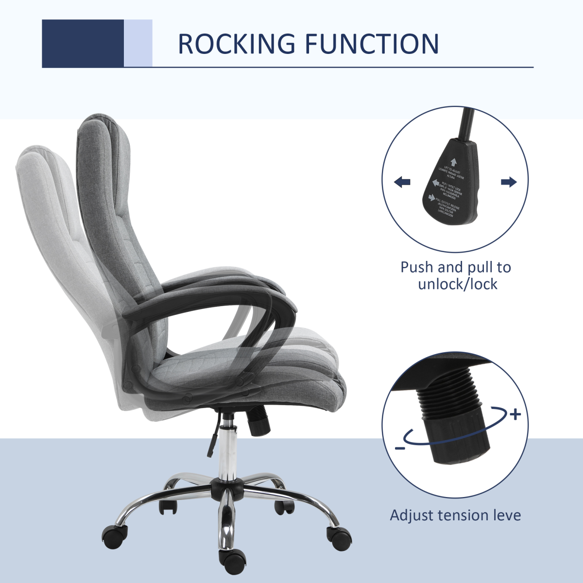 Linen Office Chair 360??Swivel High Back Wide Adjustable Seat Grey Vinsetto
