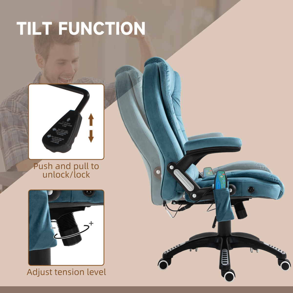 Executive Reclining Chair w/ Heating Massage Points Relaxing Headrest Blue