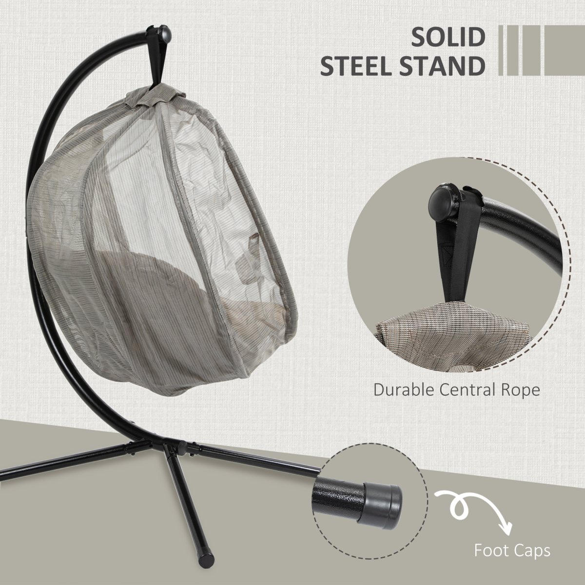 Hanging Egg Chair, Swing Hammock with Cushion and Stand, Khaki