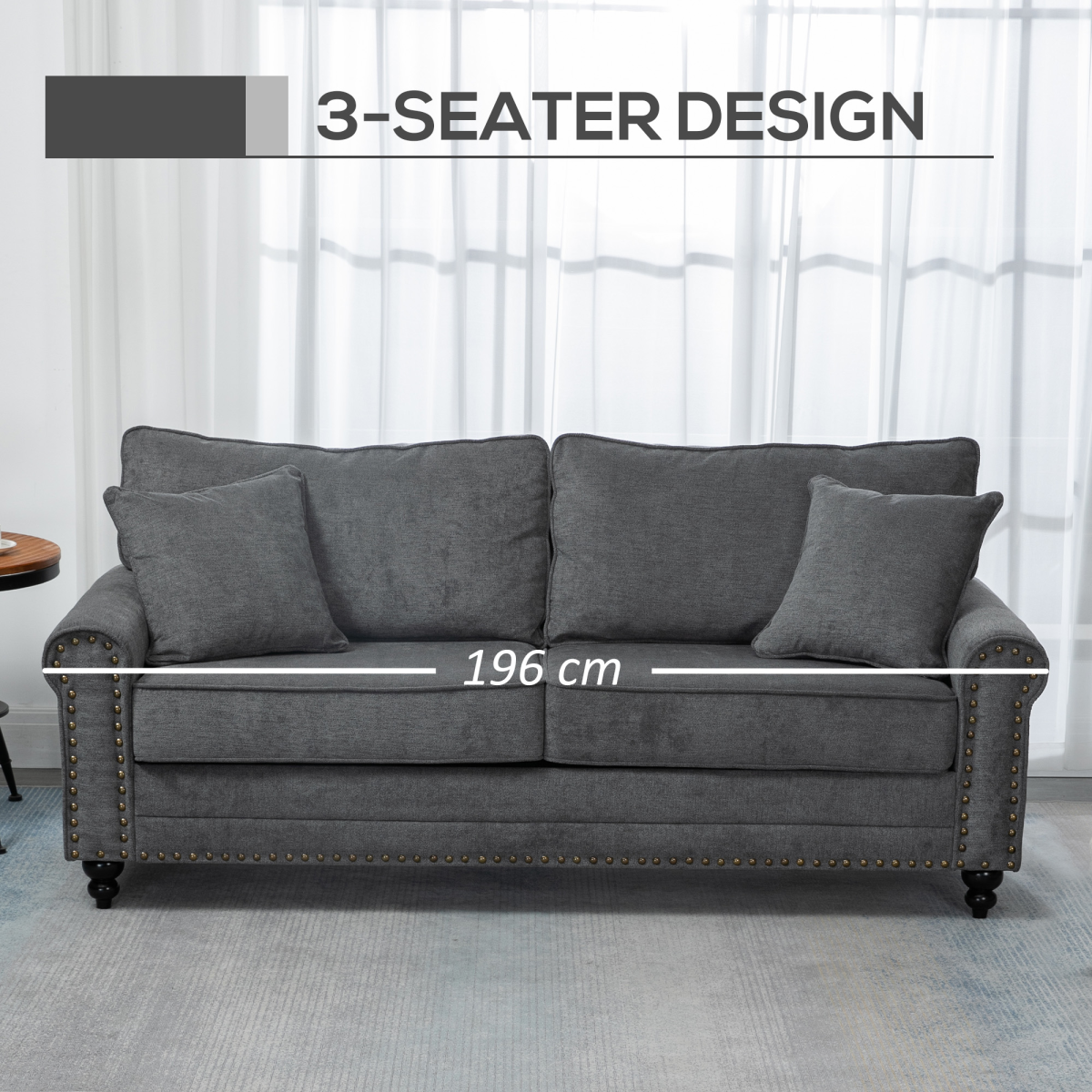 2 Seater Sofas Fabric Sofa with Nailhead Trim Cushions and Throw Pillows Grey