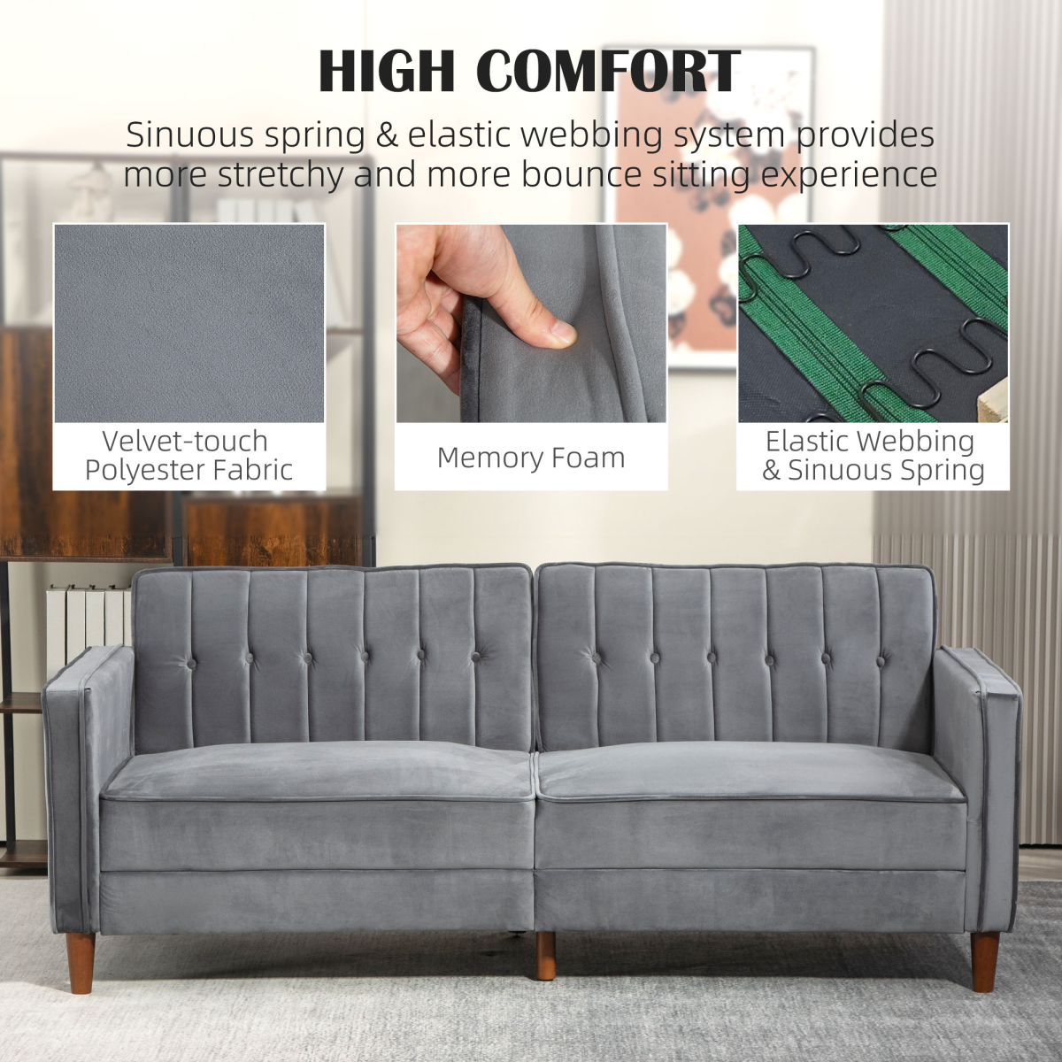 HOMCOM Convertible Sofa Futon Velvet-Touch Tufted Couch Sofa Bed Dark Grey