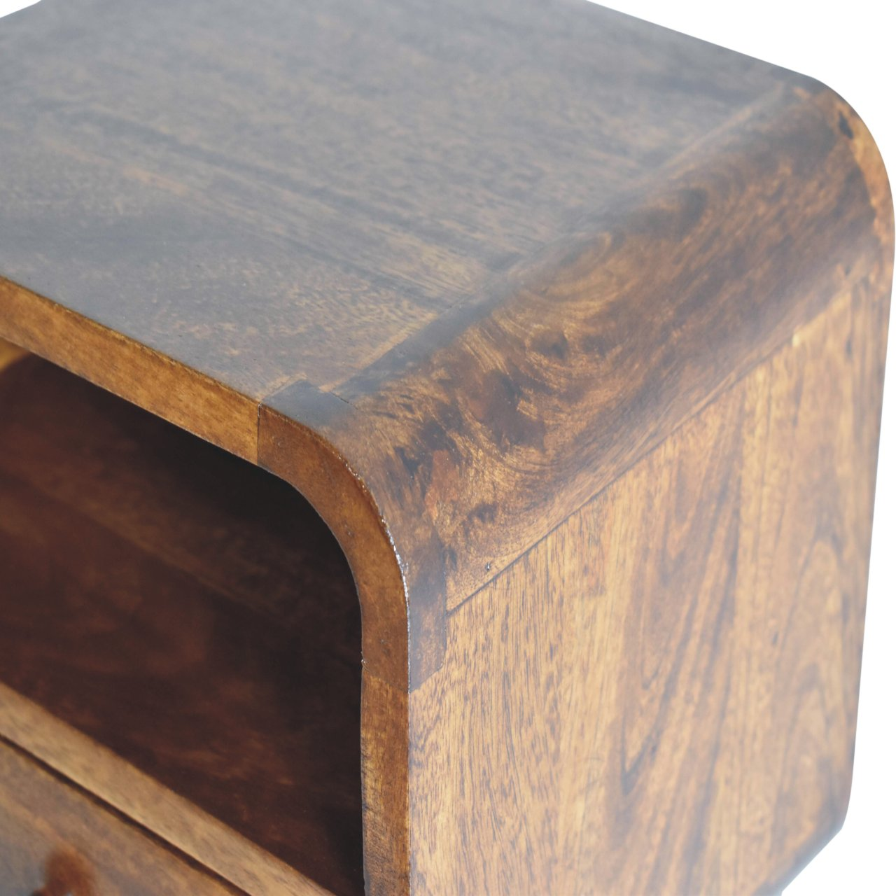 Artisan Furniture Solid Wood Extra Mini Wall Mounted Curved Chestnut Bedside with Open Slot, 1 Drawer, Dark Brown Color