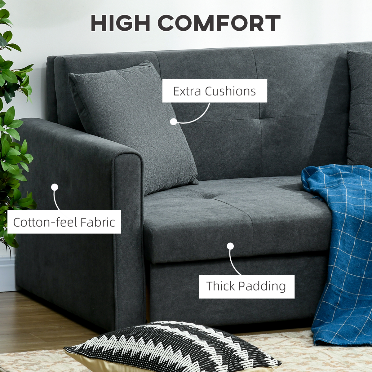 HOMCOM 2 Seater Sofa Bed Convertible Bed Settee with 2 Cushions Storage
