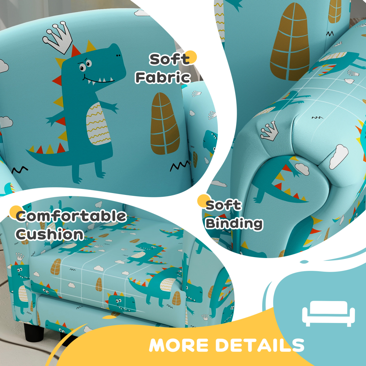 AIYAPLAY 2 Piece Kids Sofa Set with Dinosaur Design, for Nursery, Blue