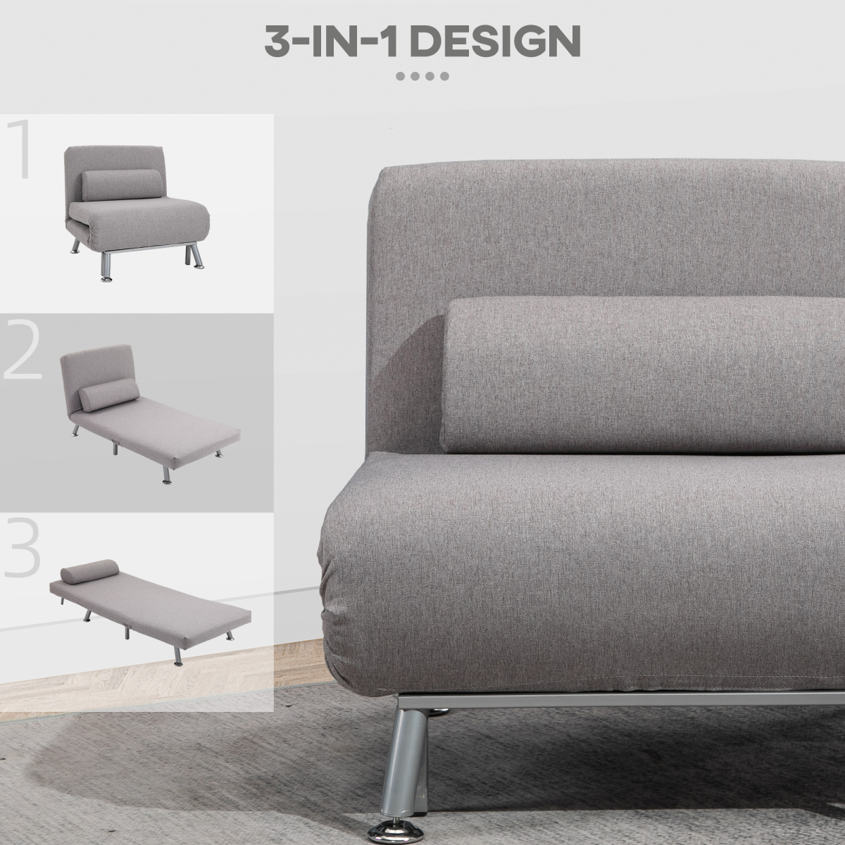 Linen Upholstered Elevated Single Sofa Bed Grey