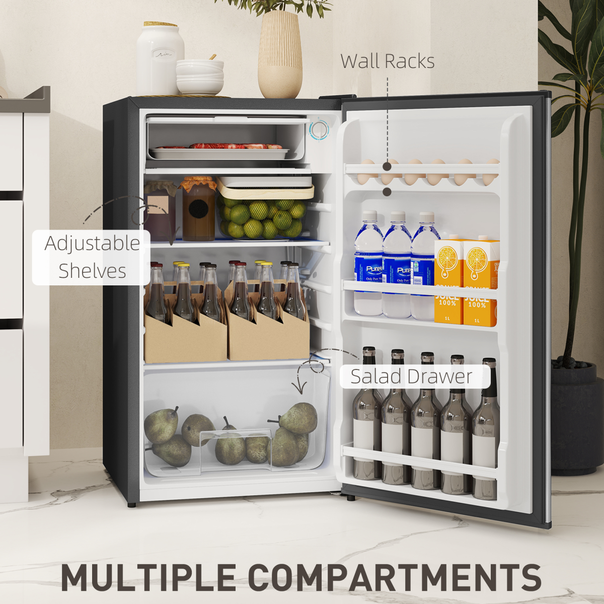 HOMCOM 91L Freestanding Under Counter Fridge Silver Tone