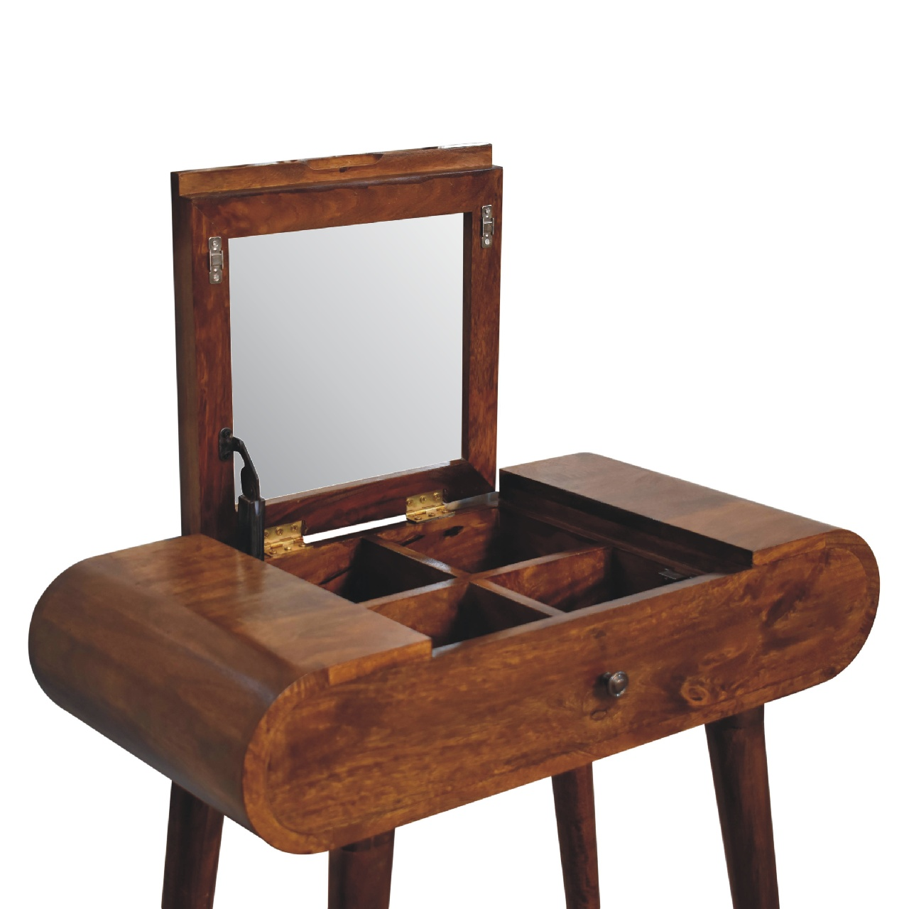 Artisan Furniture Solid Wood Mini Round Chestnut Fold Vanity, 4 Storage Compartments with Mirror, Dark Brown