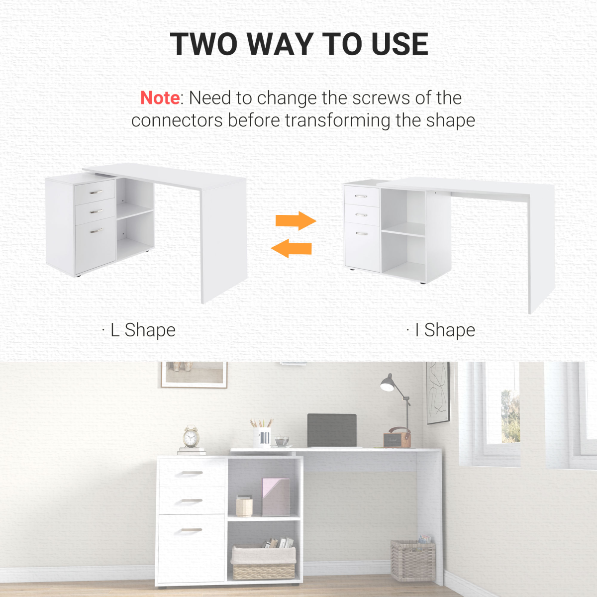 Home Office L Shape Computer Desk Workstation Drawer Shelf File Cabinet-White