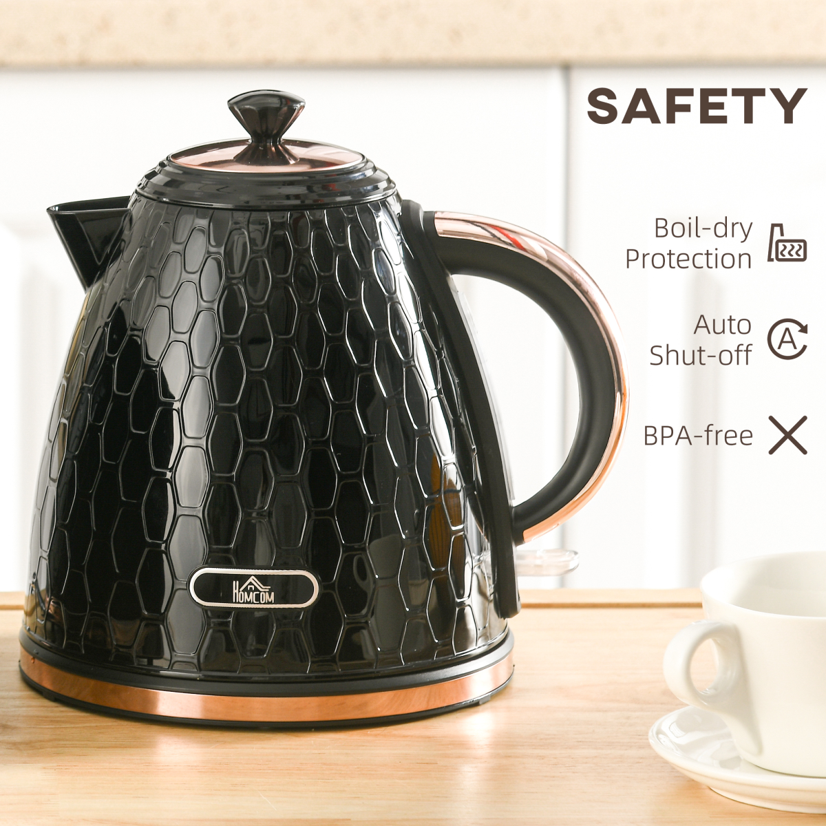 HOMCOM Electric Kettle, Fast Boil, 1.7L, 3kW, Swivel, Auto Shut-off, Black