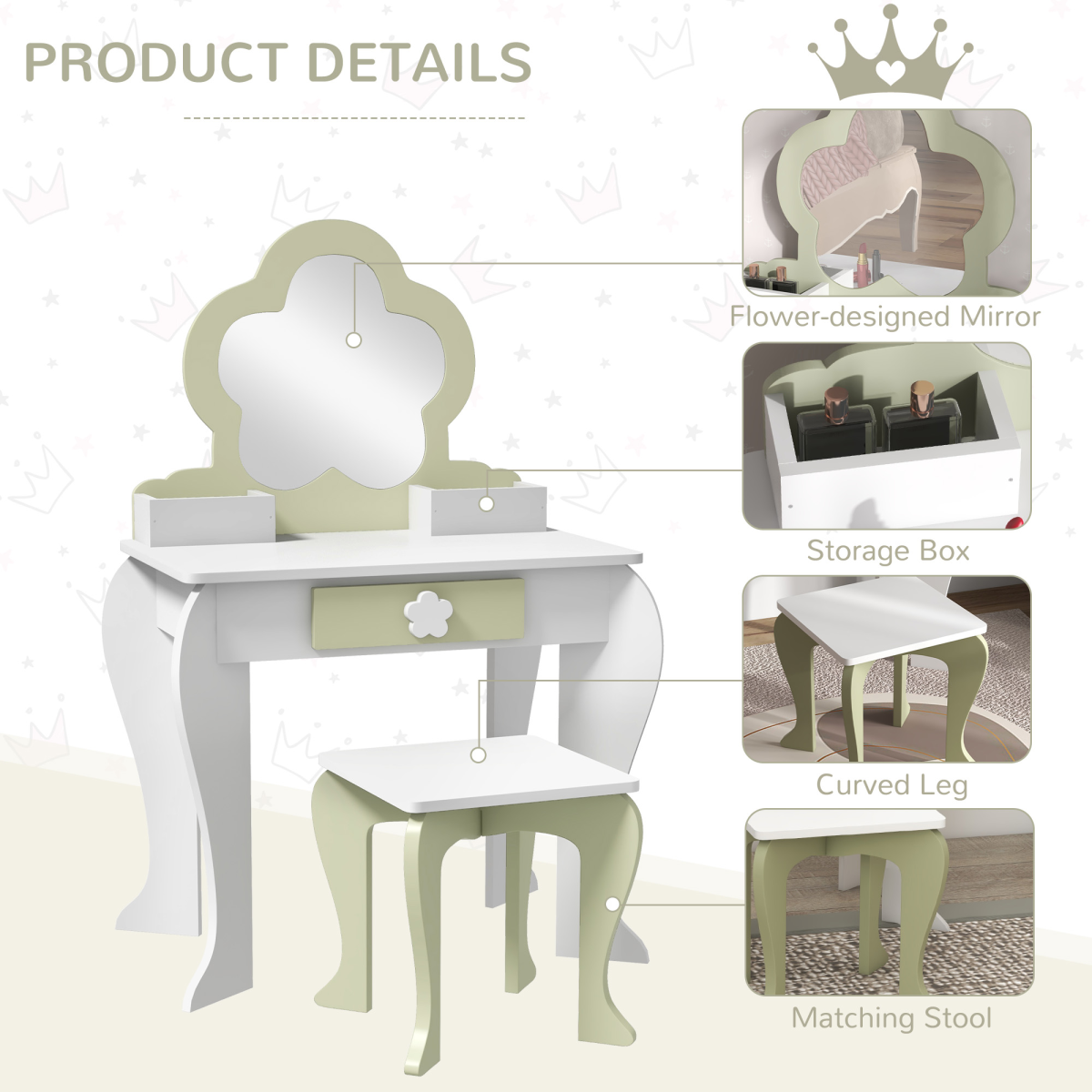 ZONEKIZ Kids Vanity Table Set, Beauty Flower Design, for Ages 3-6 Years - White