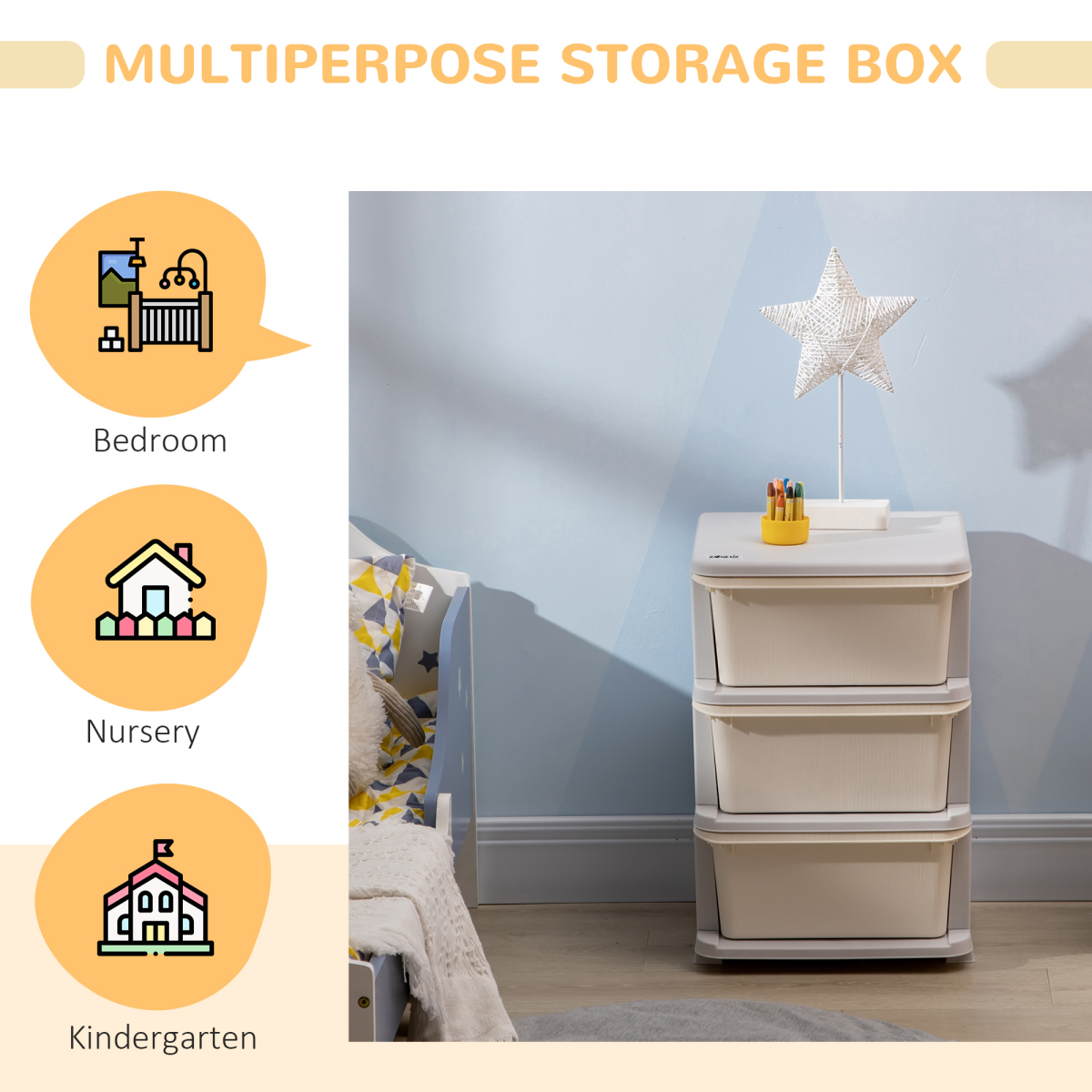 HOMCOM Kids Storage Unit w/ Three Drawers Three-Tier Chest Vertical Dresser
