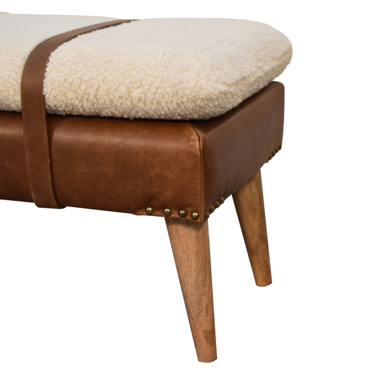 Artisan Furniture BouclÃ© Buffalo Hide Leather Bench, Upholstered, Brown & Cream