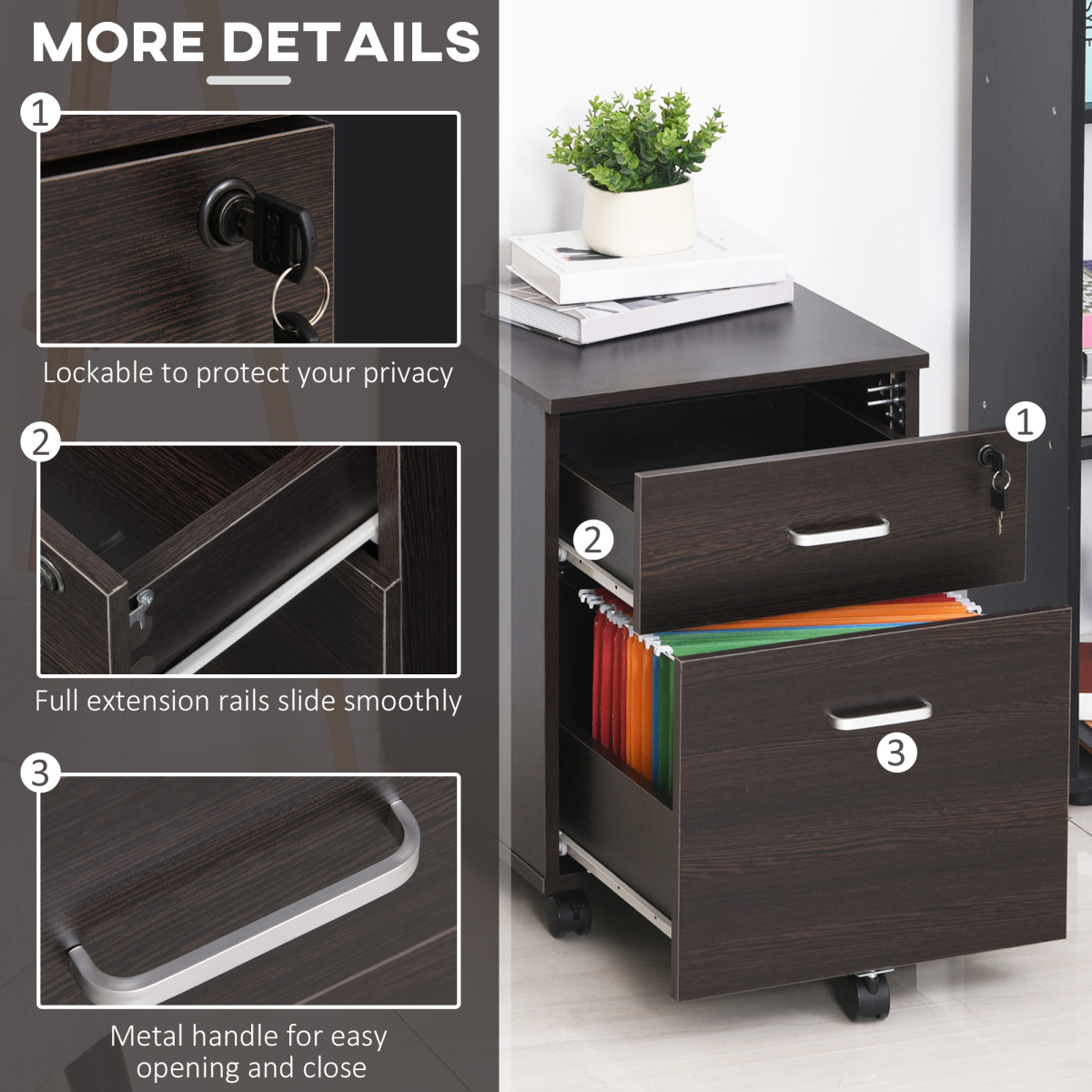 2-Drawer Locking Office Filing Cabinet 5 Wheels Rolling Storage Brown Vinsetto