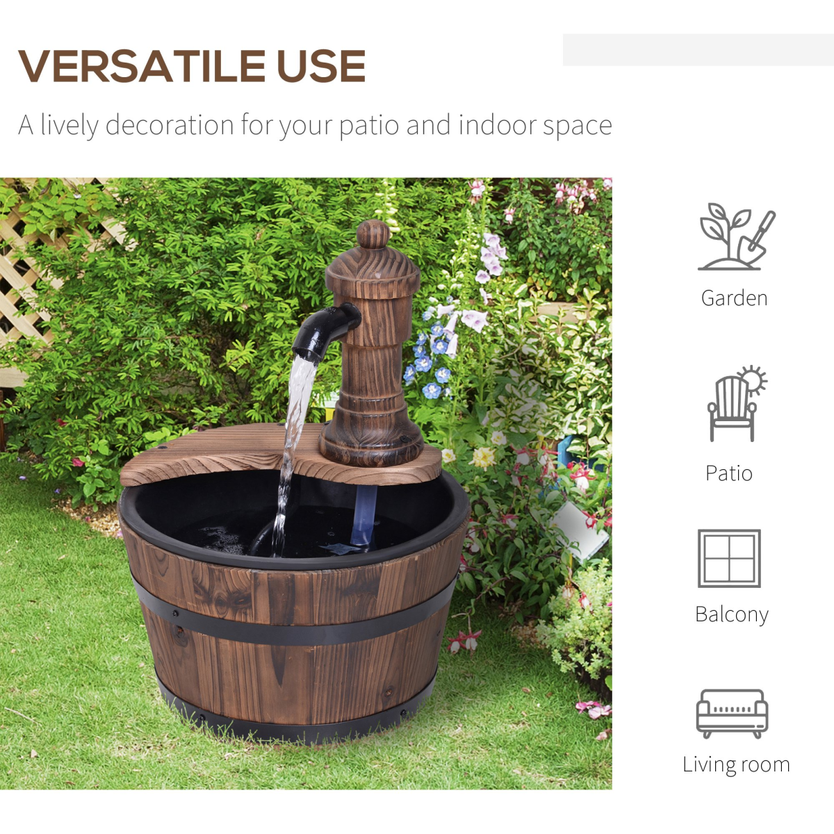 Outsunny Barrel Water Pump Fountain Rustic Wood Electric Water Feature Garden