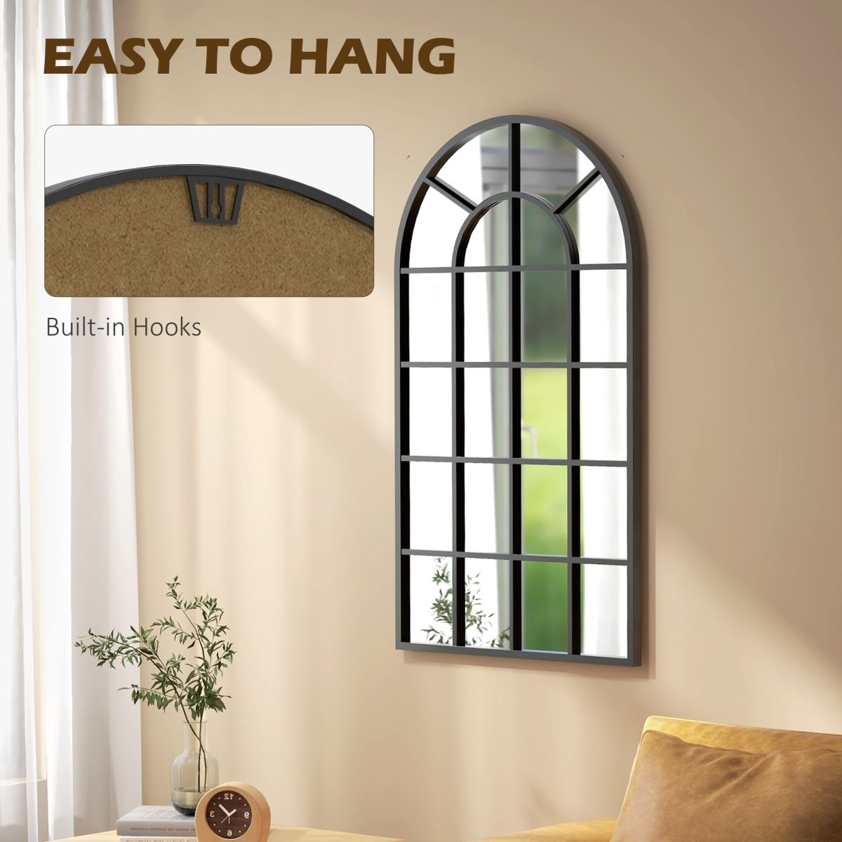 HOMCOM Modern Arch Window Wall Mirror for Living Room Bedroom, 110x62cm, Black
