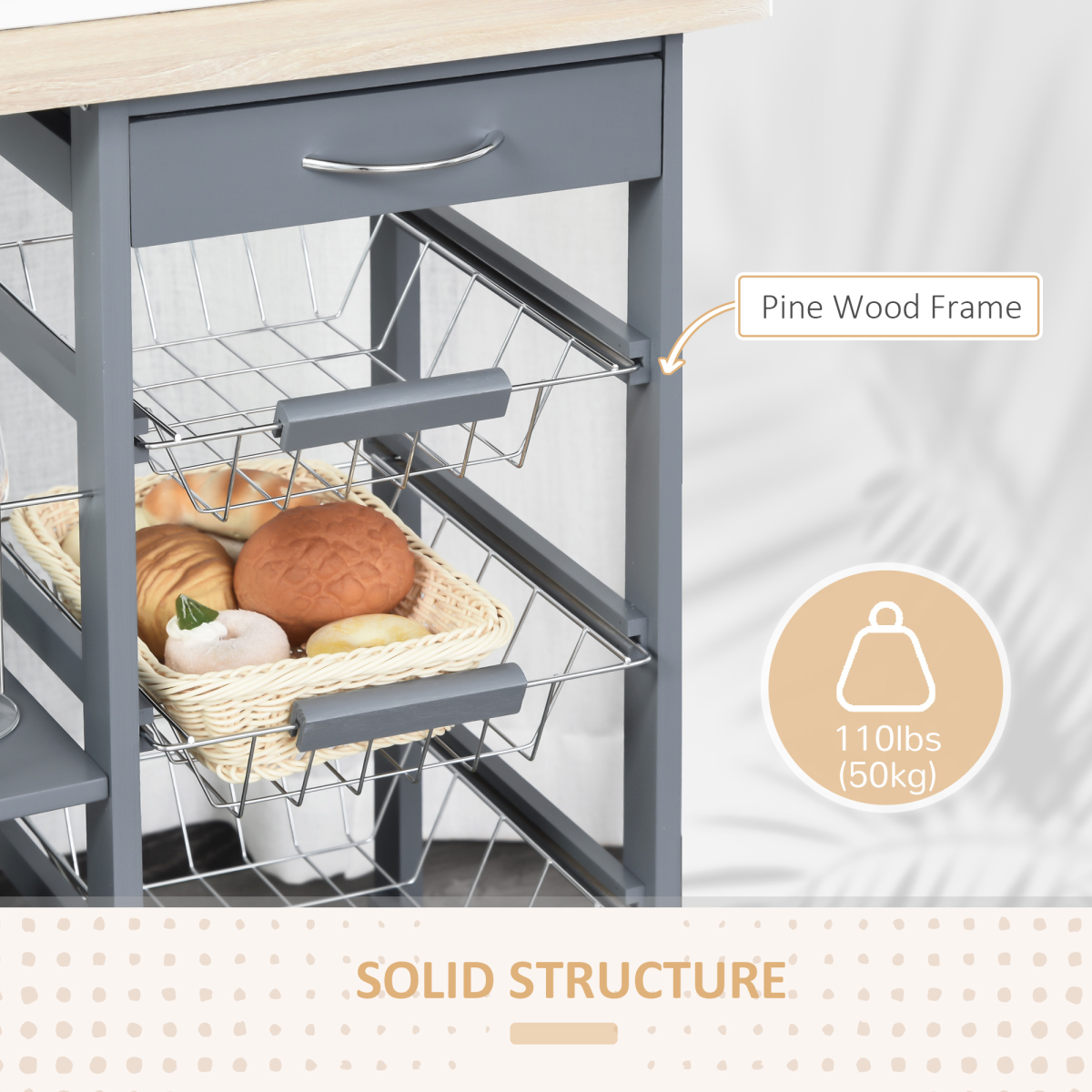 Kitchen Island Trolley w/ 4 Baskets 2 Side Racks Drawer Dark Grey
