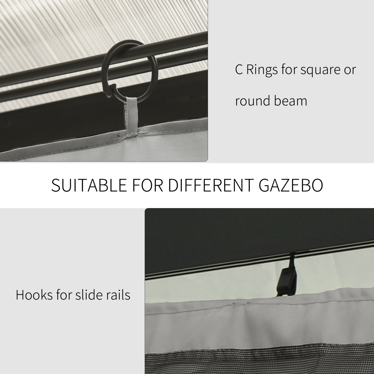 3 x 3m Gazebo Replacement Sidewall Set with 4 Panels, Hooks/C-Rings  Light Grey