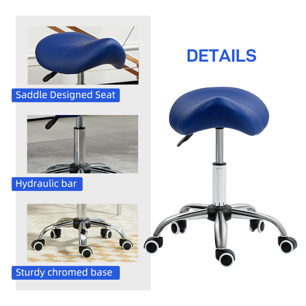 HOMCOM PU Leather Saddle Stool w/ Moulded Padded Seat Adjustable Height Blue