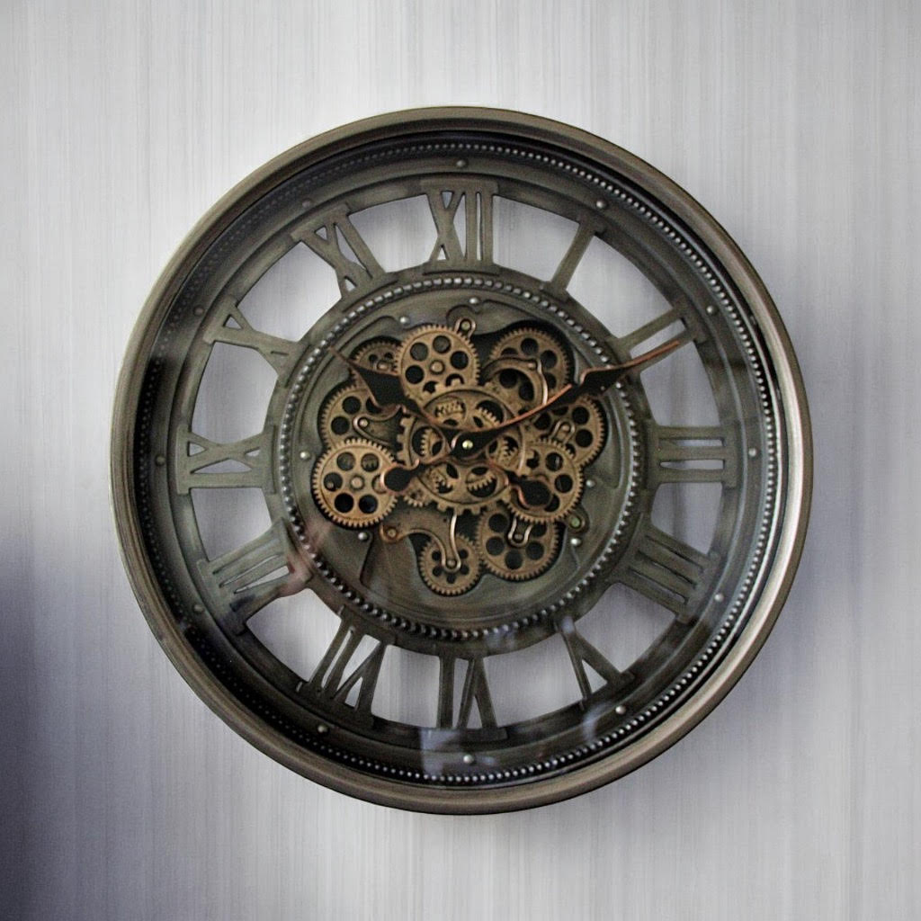AcaciaHome Stylish & Decorative Industrial with Roman Numerals Round Wall Clock - Modern Design, Moving Gears, Battery-Operated Quartz Movement Timepiece for Living Room & Home (Black/Grey - 60cm)