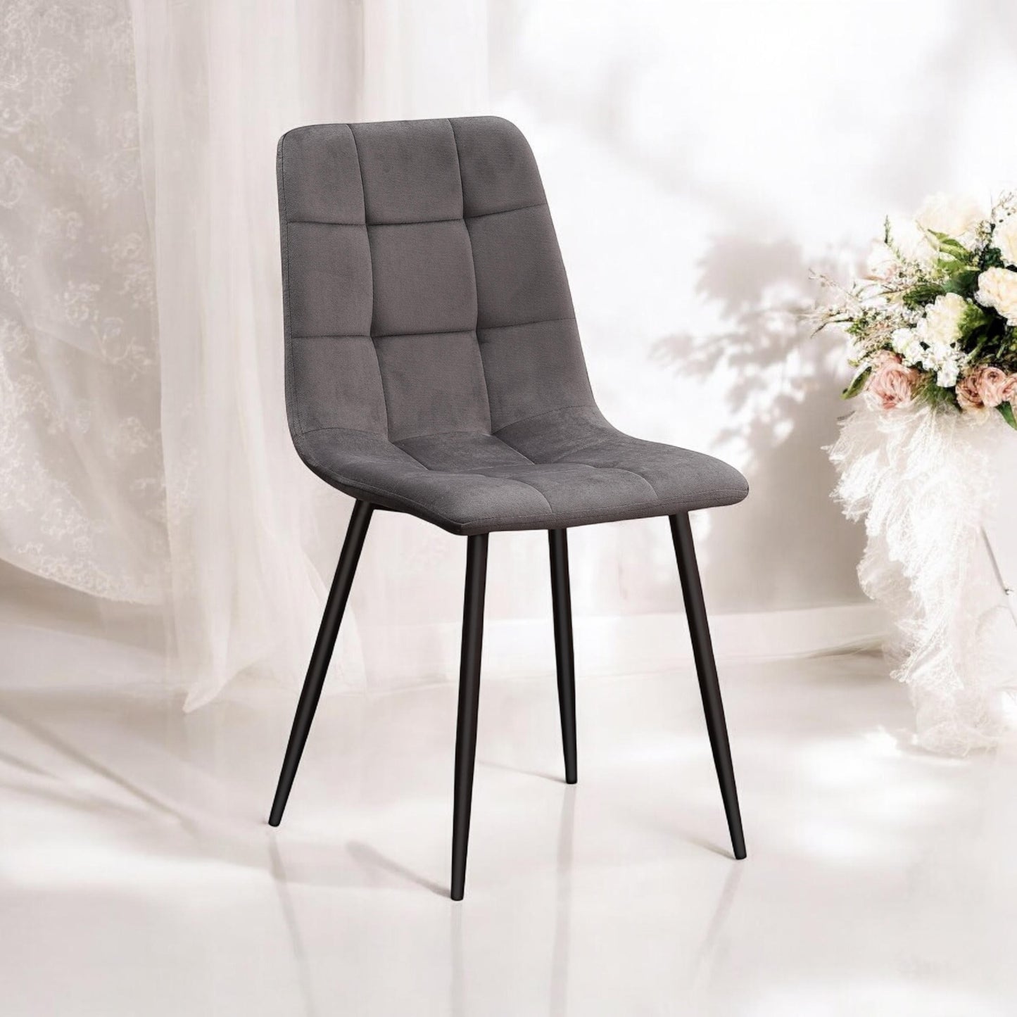 Modern & Stylish Velvet Cushion Padded Fabric Chair with Black Metal Legs – Comfortable Upholstery with Strong Frame Perfect for Living Rooms, Dining Areas, Offices, & Lounges (Grey Velvet)