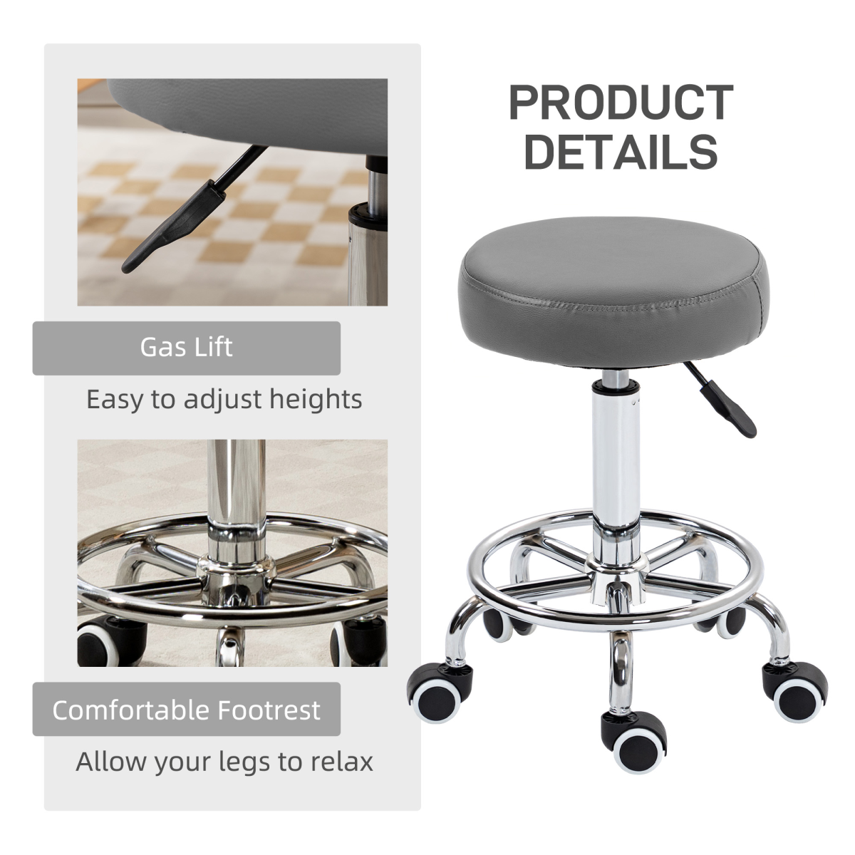 Vinsetto Round PU leather Salon Beautician Stool Adjustable Height, Grey