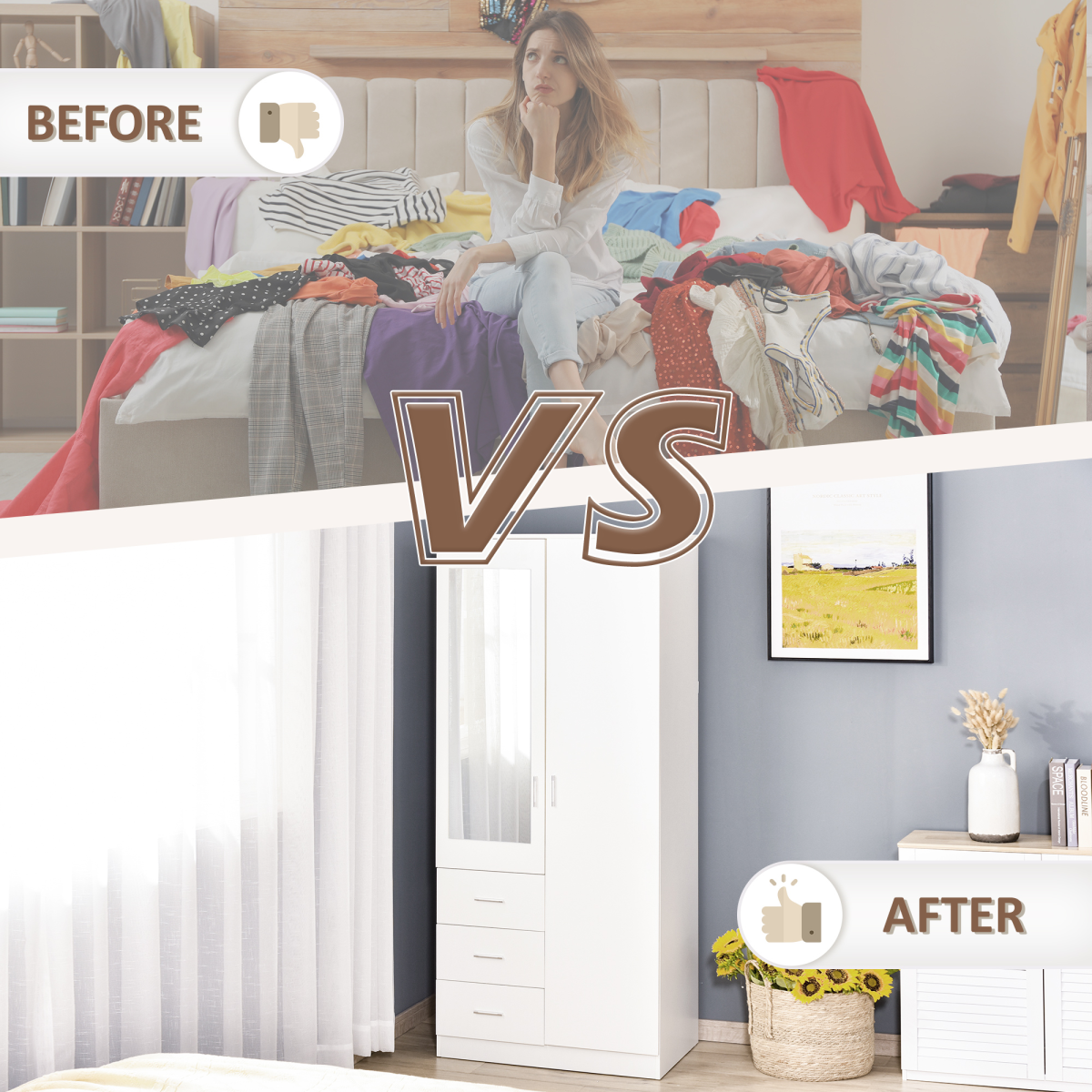 2-Door Wardrobe w/ Adjustable Shelf 3 Drawers for Bedroom, 180cm, White