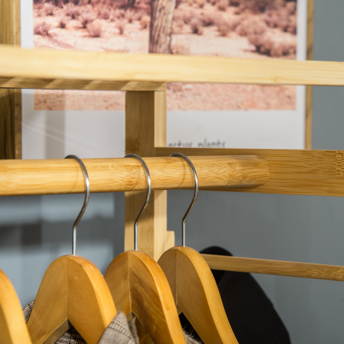 Bamboo Coat Rack w/ Hooks Hanging Rail and Storage Shelf for Entryway HOMCOM