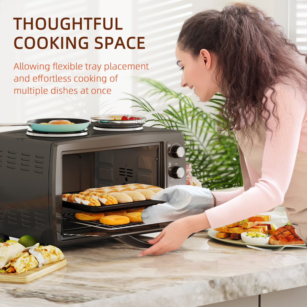 HOMCOM 36L Countertop Toaster Oven with 2 Hot Plates, Grill, Roast, Bake