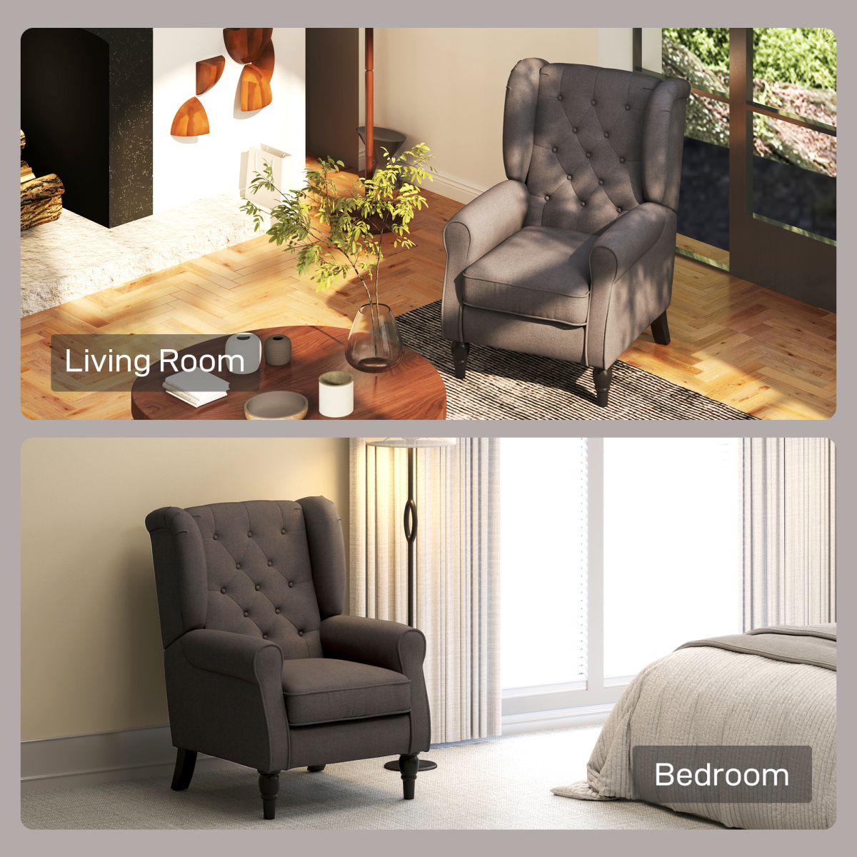 Retro Accent Chair Wingback Armchair with Wood Frame for Living Room Brown
