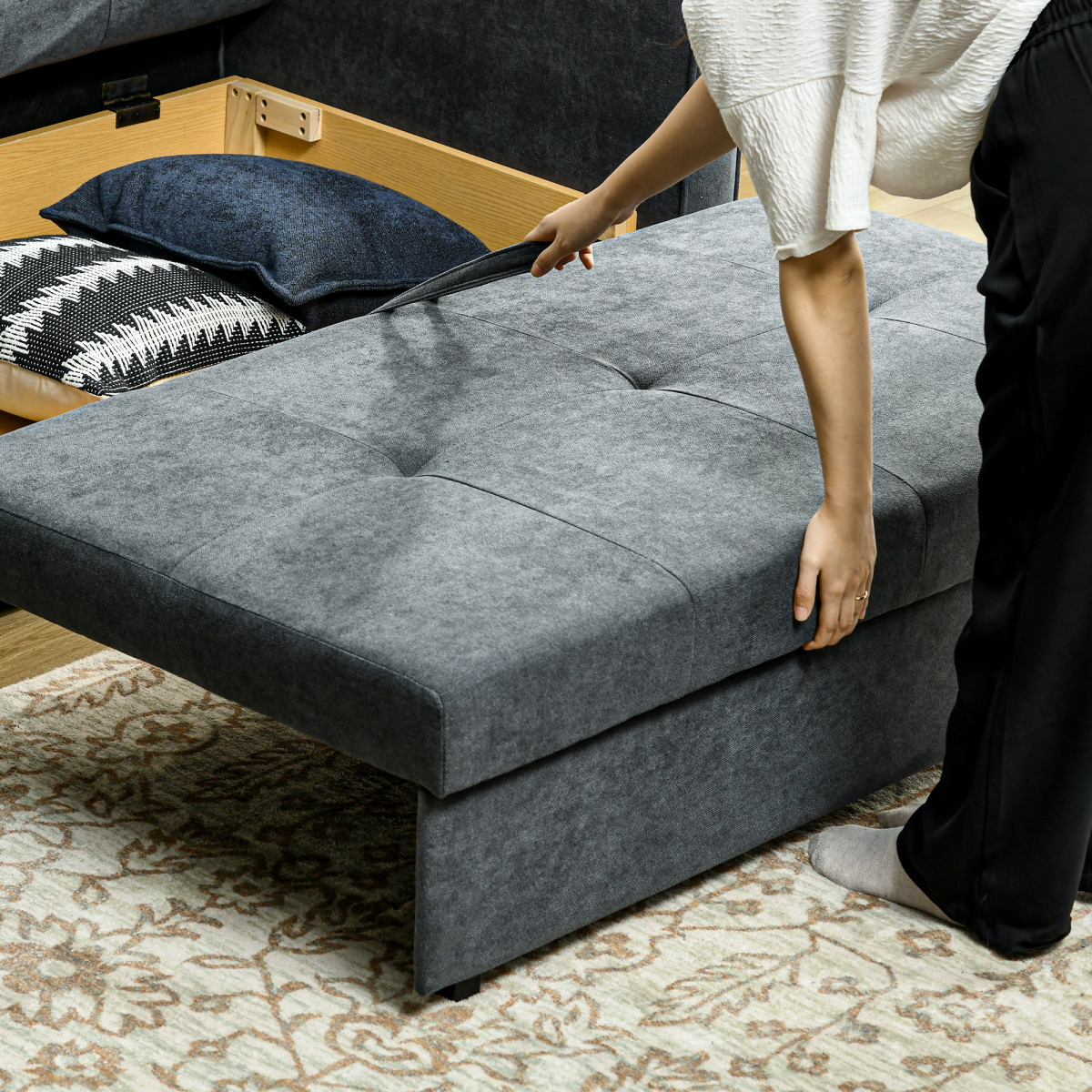 HOMCOM 2 Seater Sofa Bed Convertible Bed Settee with 2 Cushions Storage