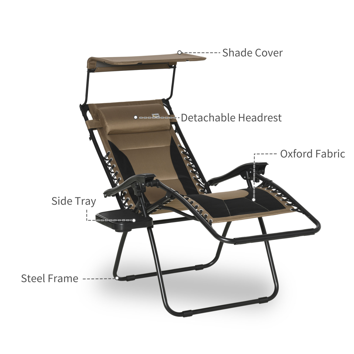 Zero Gravity Lounger Chair, Reclining Patio Chair Shade Cover, Brown