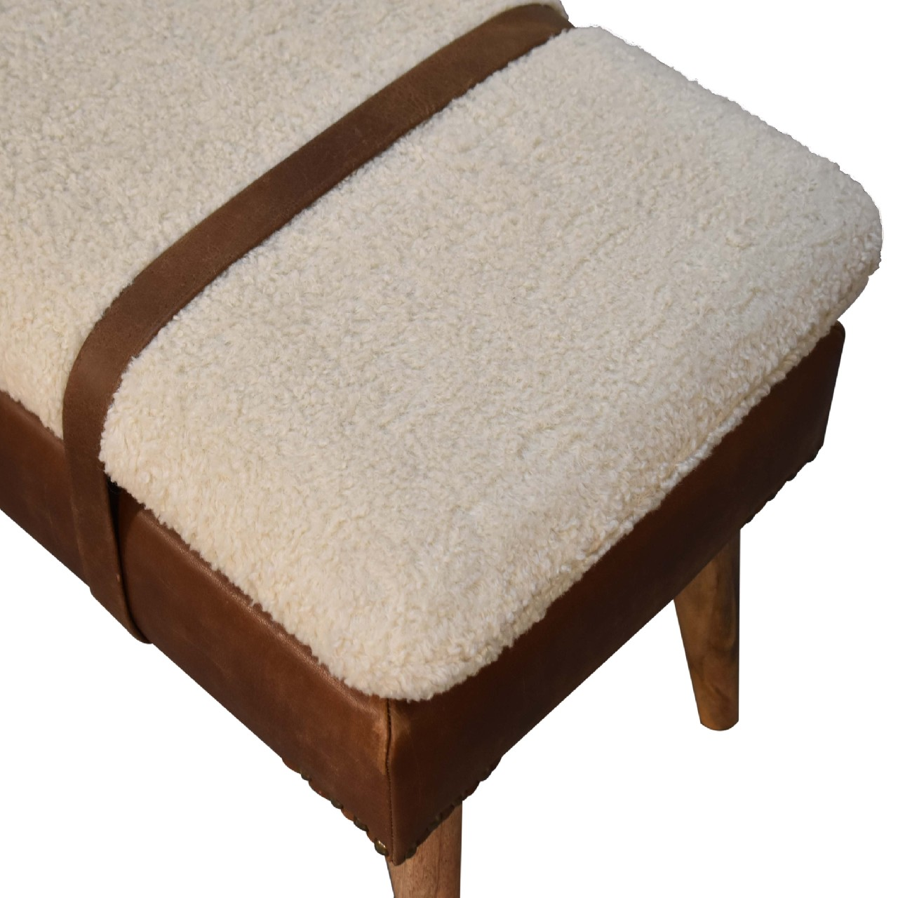 Artisan Furniture BouclÃ© Buffalo Hide Leather Bench, Upholstered, Brown & Cream