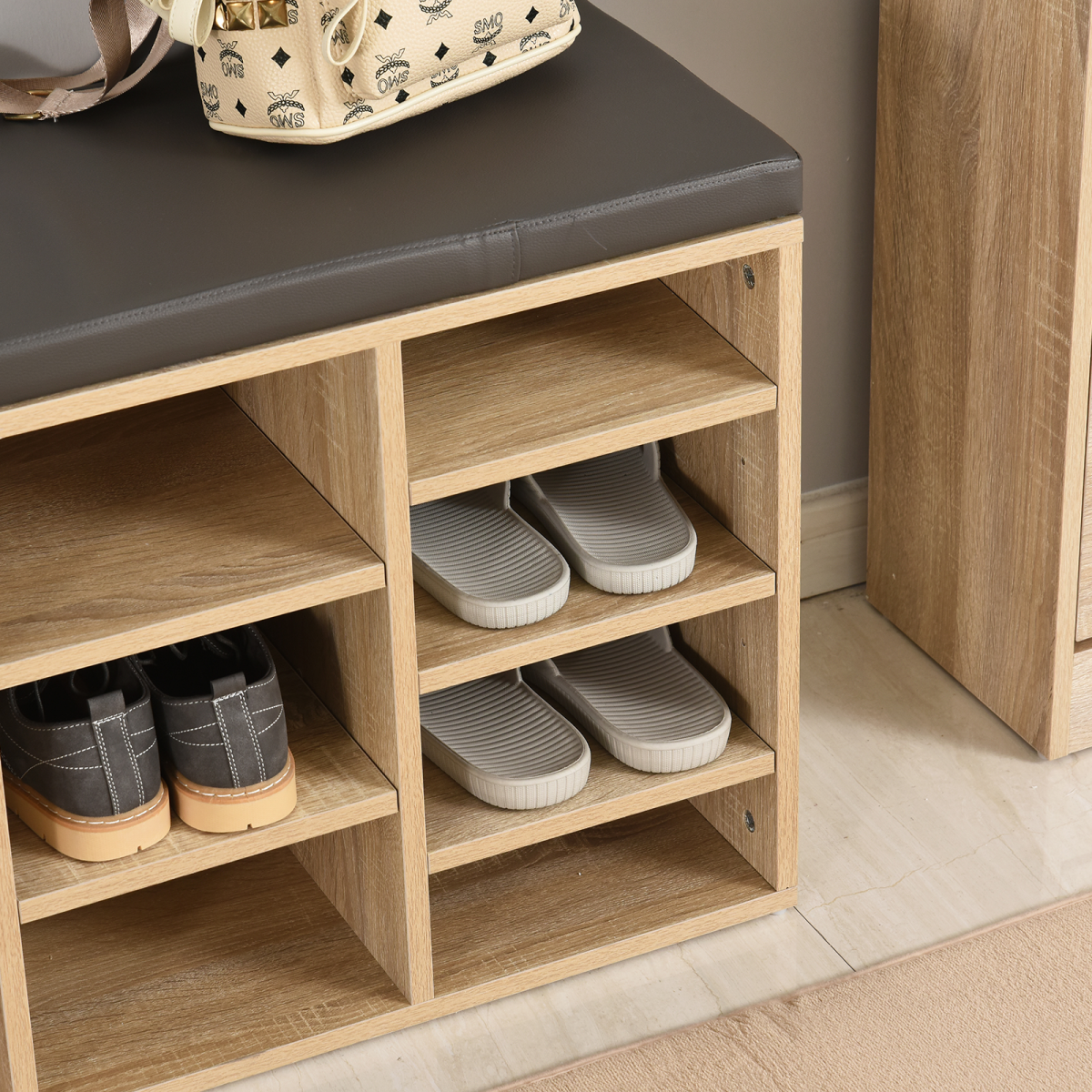 Multi-Storage Shoe Rack 14 Compartments Cushion Moving Shelves  Brown