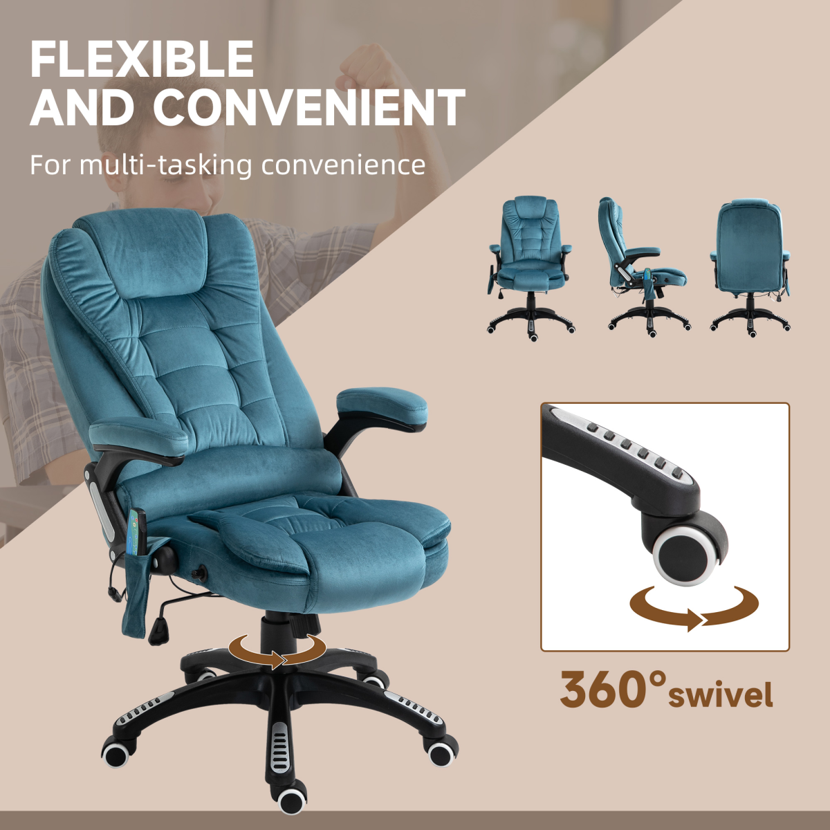 Executive Reclining Chair w/ Heating Massage Points Relaxing Headrest Blue
