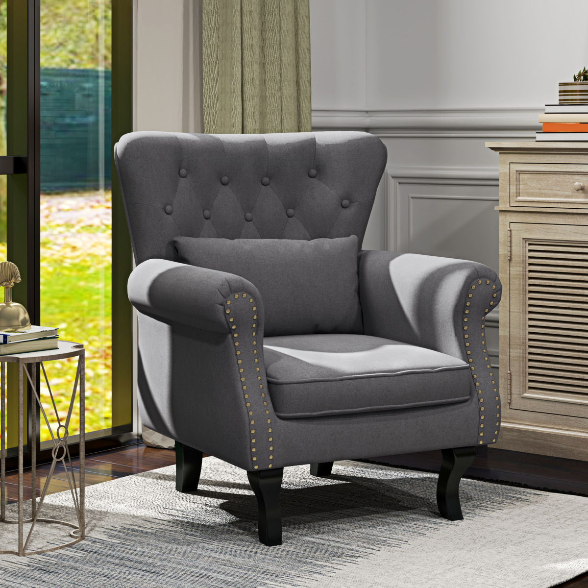 HOMCOM Vintage Armchair Wingback Accent Chair with Naihead Trim Dark Grey
