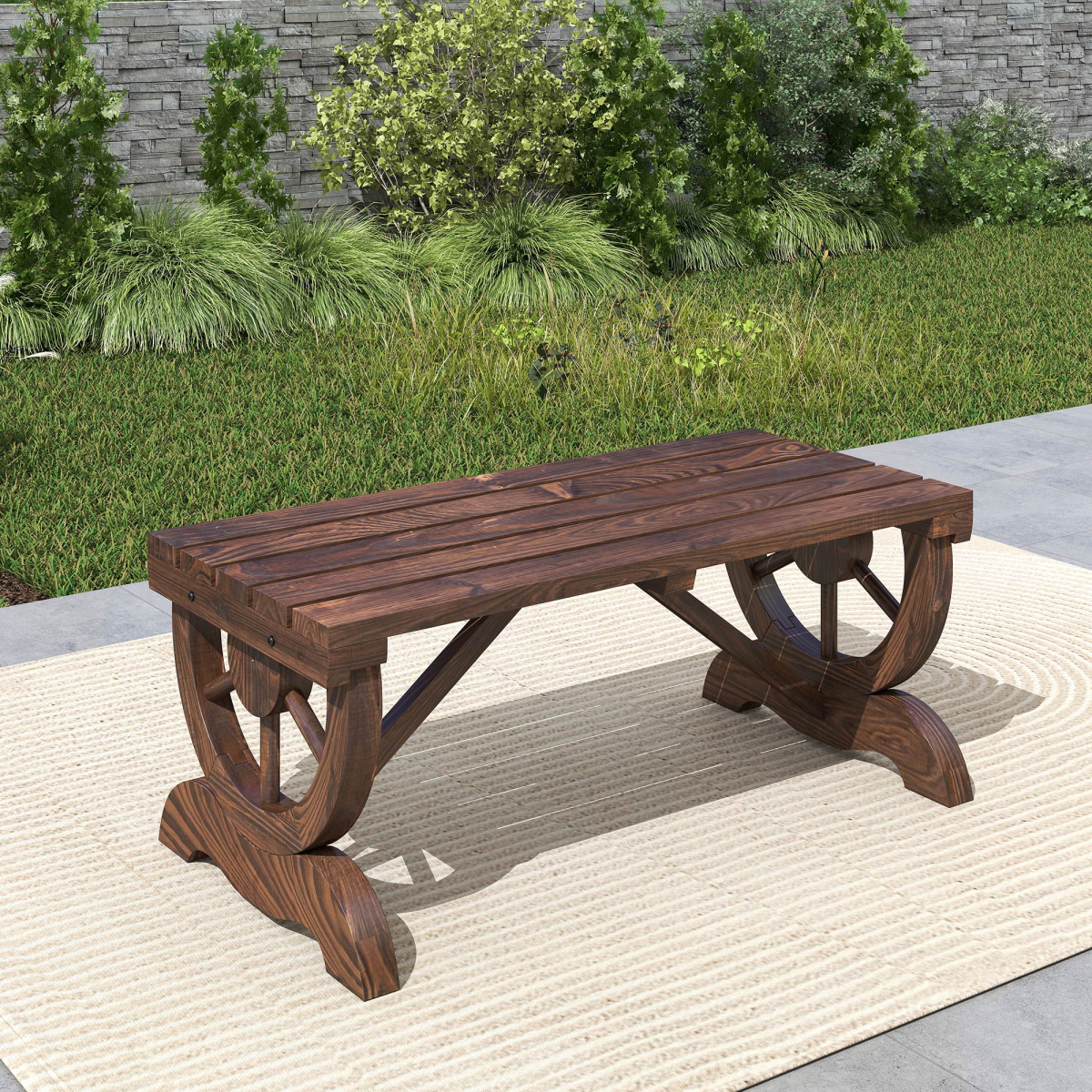 Rustic Wooden Wheel Bench 2-Person Seat - Brown Chair Loveseat Park
